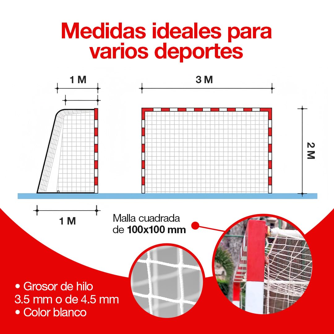 Red Porteria Pack 2 Unidades | Red Porterias de Futbol 100x100mm Balonmano, Entrenamiento, y Futbol Sala | 3x2x1M, Red Blanca Resistente para Interior y Exterior (No Incluye Portería)