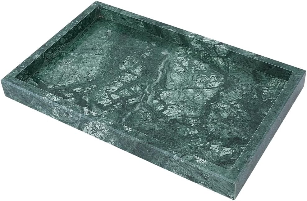 CREATCABIN Natural Marble Tray for Bathroom Vanity Tray Jewelry Display Trays Rectangle Genuine Marble Stone Storage Plate Holder for Soap Dispenser Serving Countertop Organizer 12 x 8Inch-Dark Green