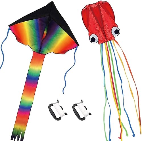 Paquete de 2 cometas – Cometa grande de arcoíris y pulpo molusco rojo con cola larga colorida para niños, juegos al aire libre, actividades, viaje a