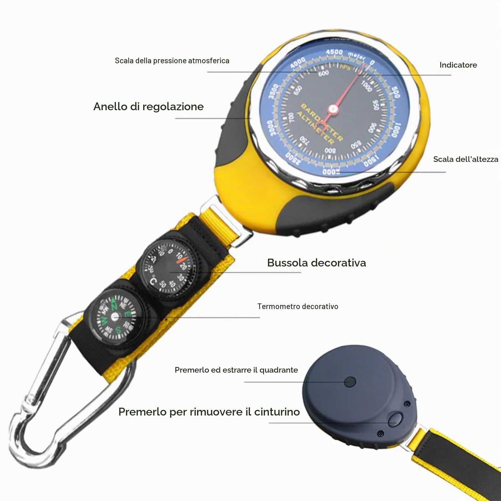Altimetro Barometro Termometro Bussola, 4 In 1 Bussola Portachiavi Con Trekking Altimetro Barometro Analogico, Outdoor Altimeter Barometer Con Moschettone Per Viaggi Arrampicata Campeggio