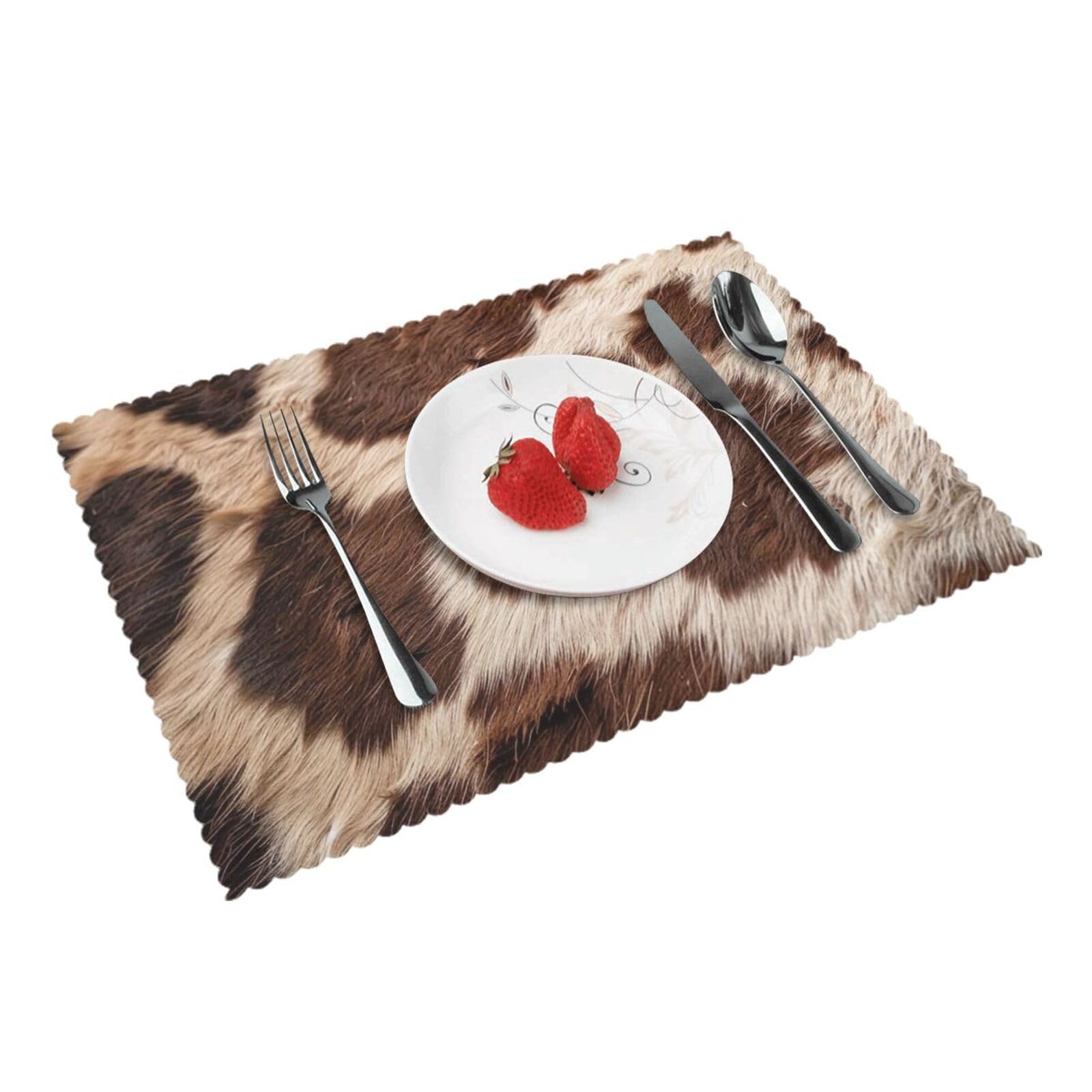 Brown Cowhide Printed Placemat Heat Resistant Place Mats Set of 4 PCS Washable Kitchen Table Mats, 12x18 Inch