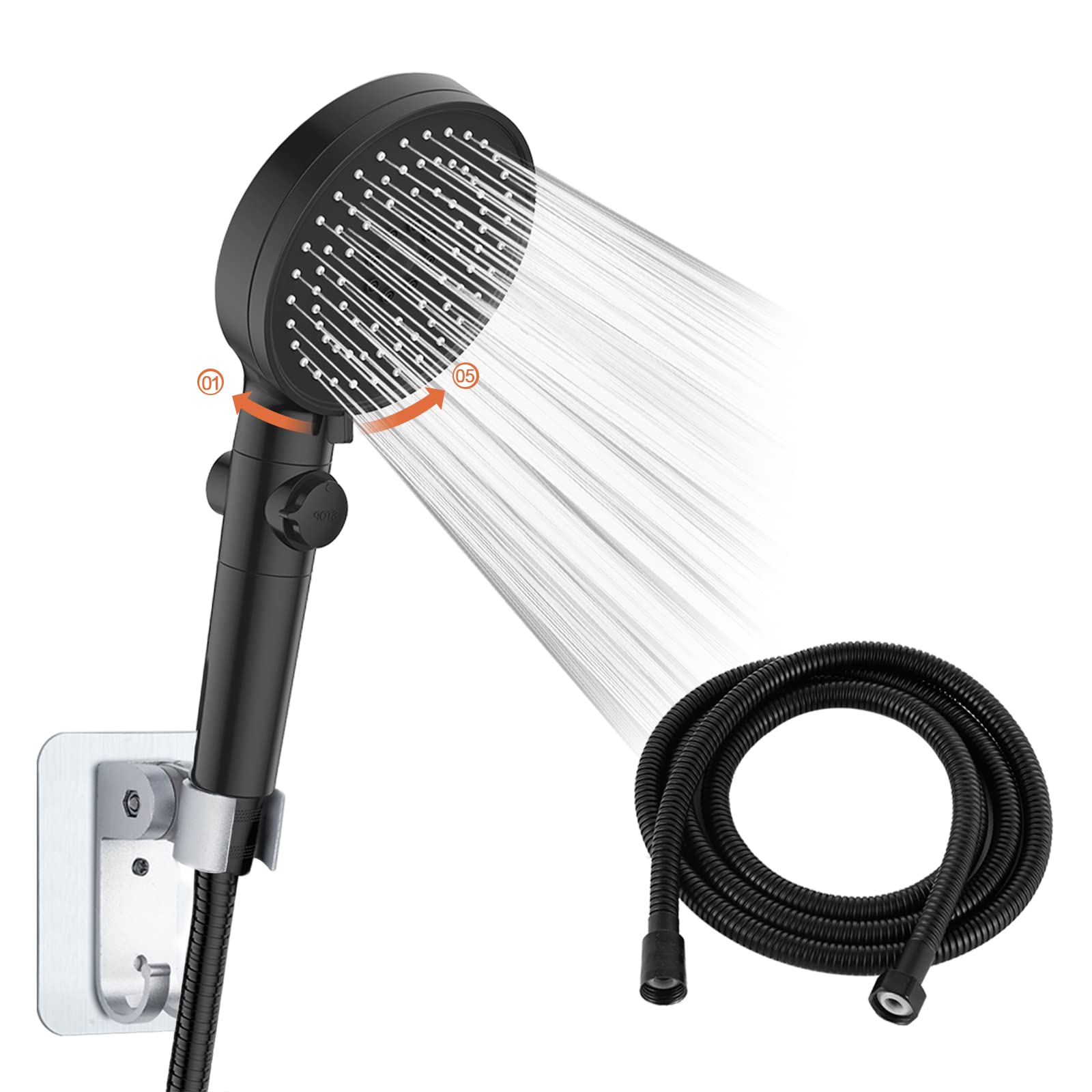 TeeFityHigh Pressure Shower Head with Handheld, 5 Spray Settings Multifunctional High Flow Showerhead with 78.74" Stainless Steel Hose and Adjustable Bracket, Easy to Install, Anti-leakage(Black)