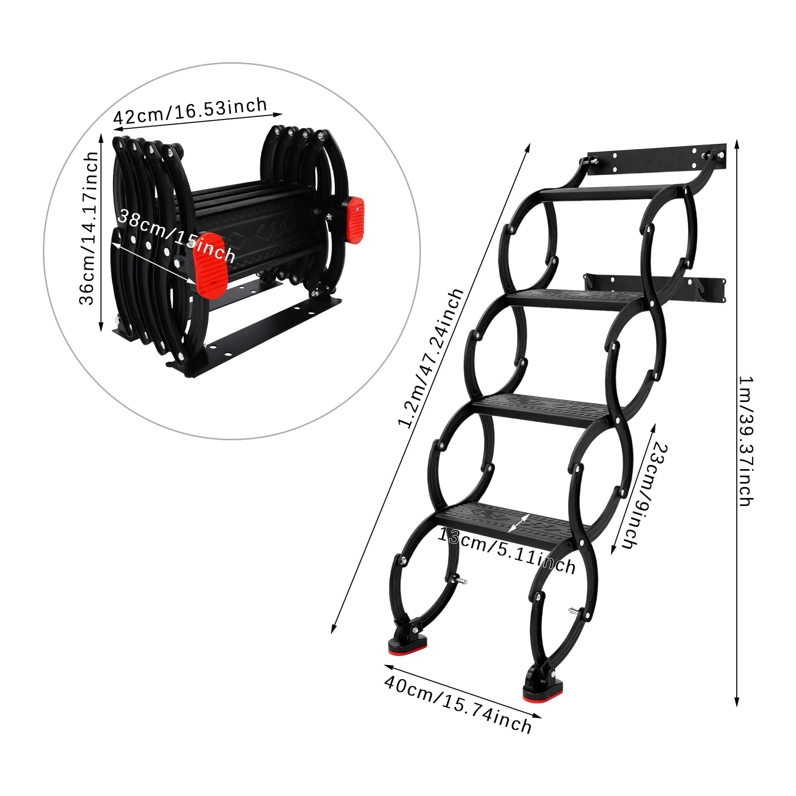 Escalera plegable extensible de 4 peldaños montada en la pared con peldaños antideslizantes, escalones telescópicos, para ático, garaje, sótano, negro, capacidad de carga 200 kg