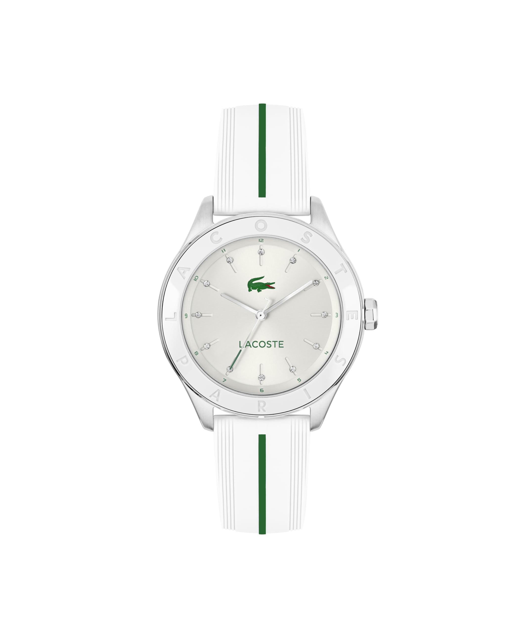Lacoste Damenuhr Billie Dreizeiger-Quarzwerk – Billie Dreizeiger-Quarzwerk; weißes Silikonarmband mit grünem Streifen