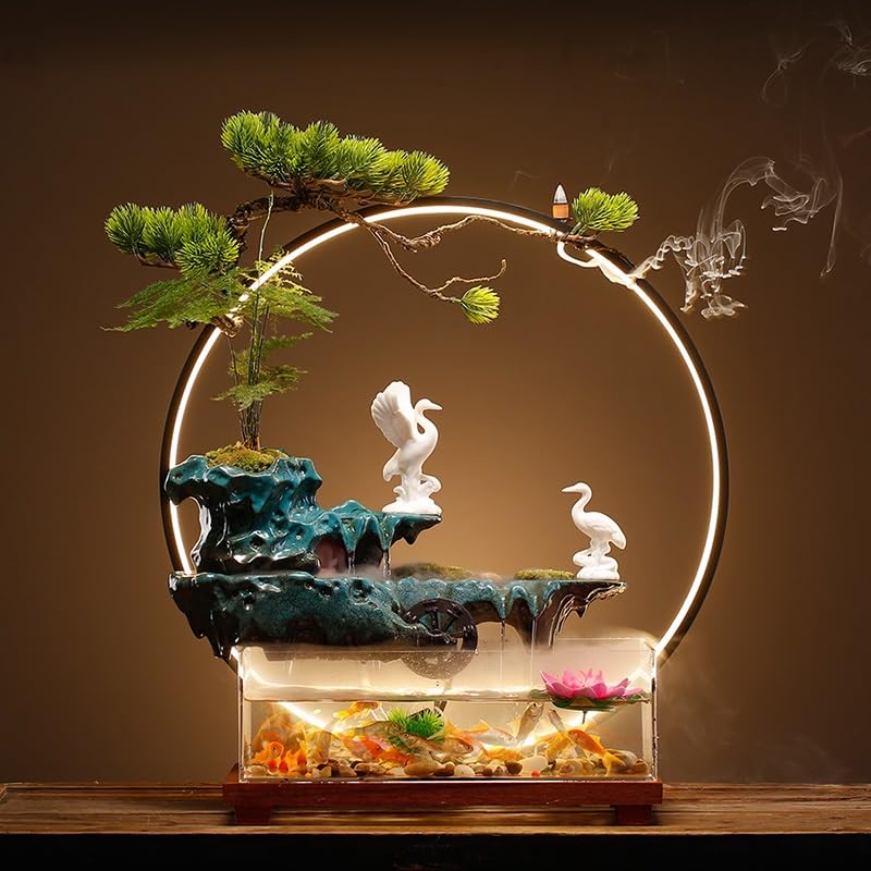 Fuente Decorativa de jardín, Fuente de Agua con Cascada, de cerámica, con iluminación LED, Quemador de Incienso, Feng Shui Zen, decoración para salón, Dormitorio, Oficina