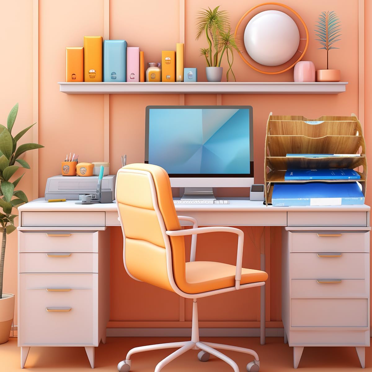 Fan Shaped Desk File Organizer File Holder 5 Compartments Storage Desk Organizer File Sorter Document for School Office Home, Wood, 13.4x11x11inch (Brown)