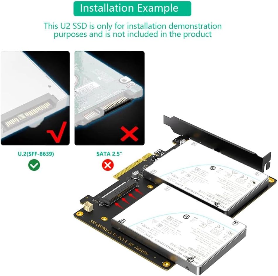 Dual U.2 SSD to PCIe 4.0 X8 Adapter Card SFF-8639(U.2) to PCI-E 4.0 8x Adapter Support X4X4X4X4 or X4X4X8 or Hyper M.2 X16 Mode