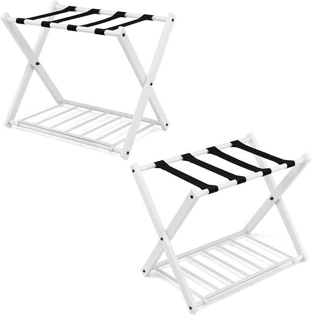 Multigot 2PCS Luggage Rack, 2-Tier Folding Suitcase Backpacks Holder with Support Straps, Metal Travel Storage Stand for Bedroom Guest Room Hotel (White + Black)