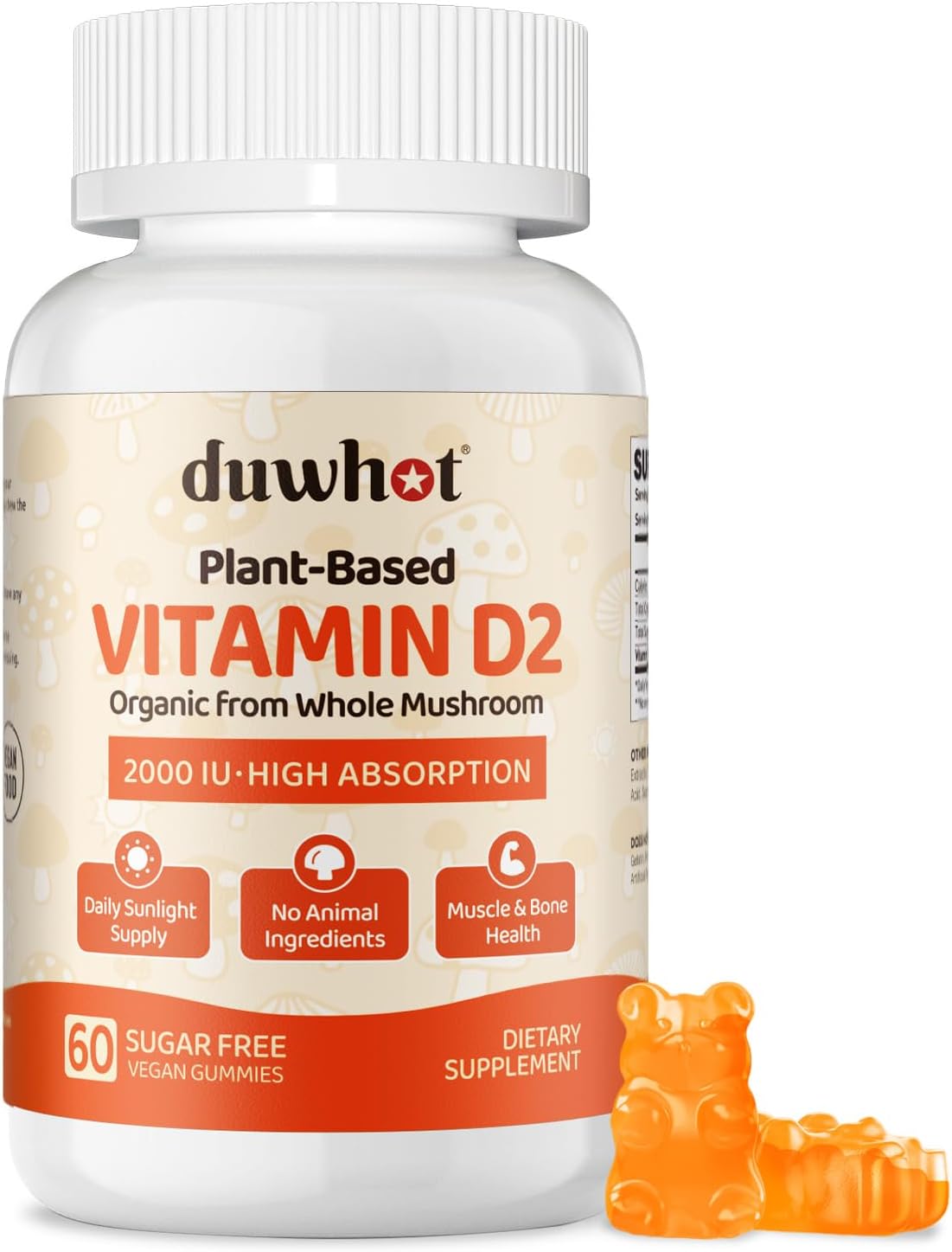 duwhot Vitamin D2 Gummies 2000 IU, Plant-Based Vitamin D Supplement from Whole Mushroom, for Bone, Muscle & Immune Support, Daily Sunshine Supply, Vegan, Non-GMO, Orange, 60 Chews