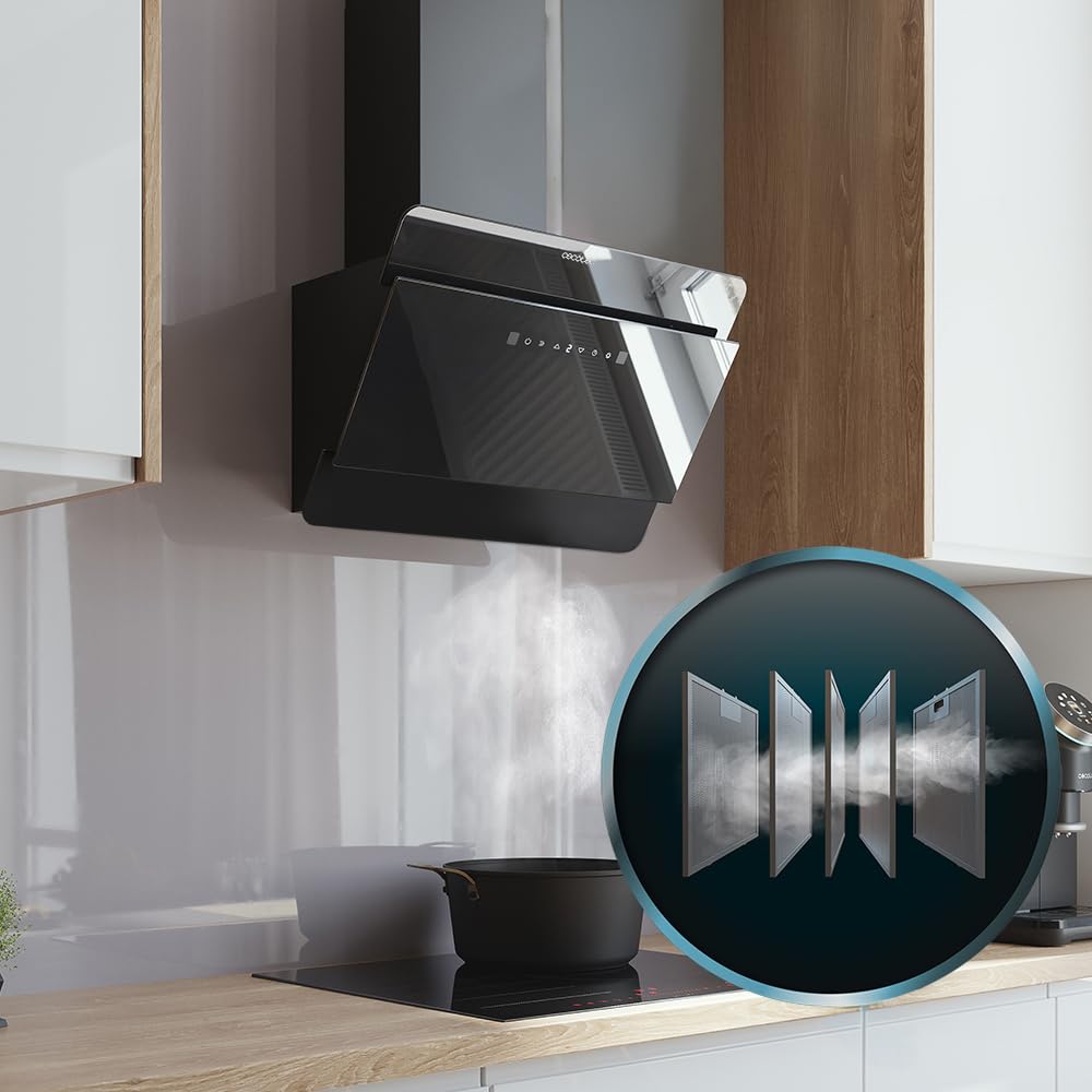 Cecotec Dunstabzugshaube Dekorativ 60 cm - Bolero Flux DT 608000 Glass Black A++. Motor 210W, niedriger Energieverbrauch, Saugkraft 800 m³/h, Touch-Control, 3 Stufen + Booster, Handbewegungssteuerung