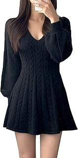 [ZYOOFOV] ニットワンピース レディース ミニ丈 長袖 Vネック Aライン リブ編み 無地 ケーブル編み 厚手 カットソー風 可愛い 暖かい 韓国風 森ガール 春秋冬