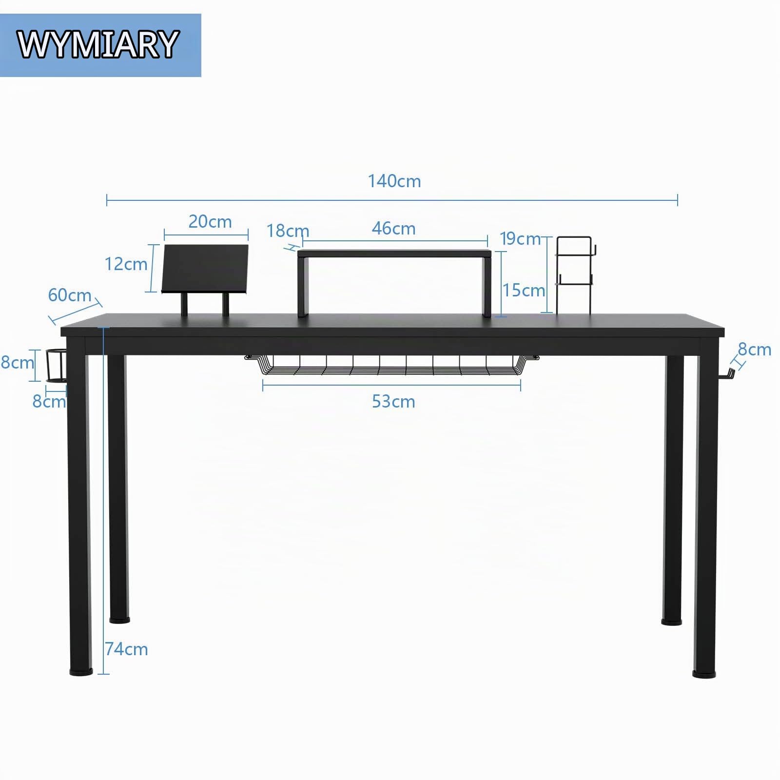 LIFEZEAL Ergonomiczny stół komputerowy, stół PC z uchwytem na kubek, zaczepem na słuchawki, biurko z dużą powierzchnią 140 x 60 cm, stół gamingowy do biura, sypialni, gabinetu, kolor czarny