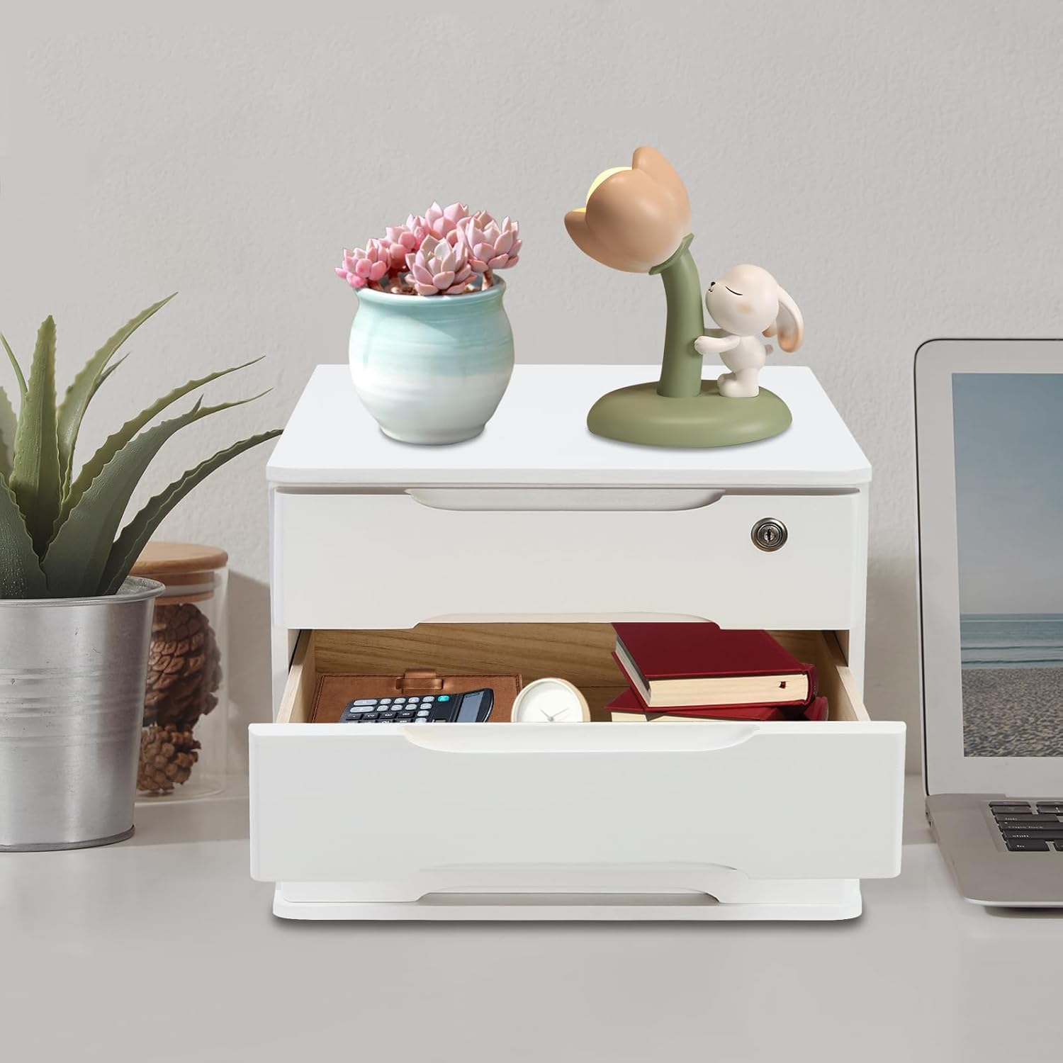 Organizer da Scrivania in Legno con Serratura E 3 Cassetti, Ideale per Ufficio, Studio E Casa - Elegante Scatola Porta Documenti E Raccoglitori, 39 X 30 X 31 Cm, Perfetta per White