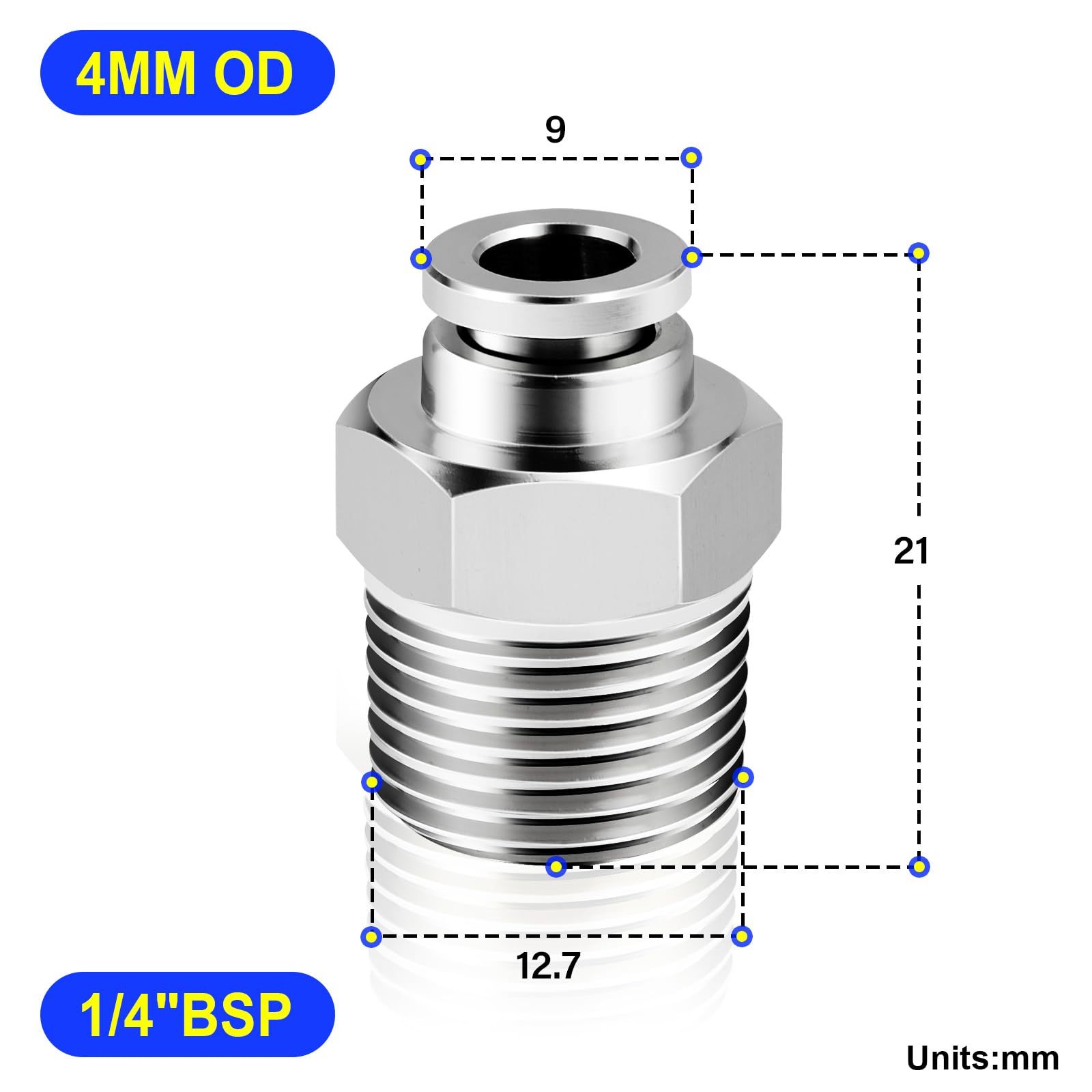 TAILONZ PNEUMATIC 304 stal nierdzewna męska prosta rura 4 mm OD x 1/4 BSP złączki wtykowe PC4-02 (5 szt.)