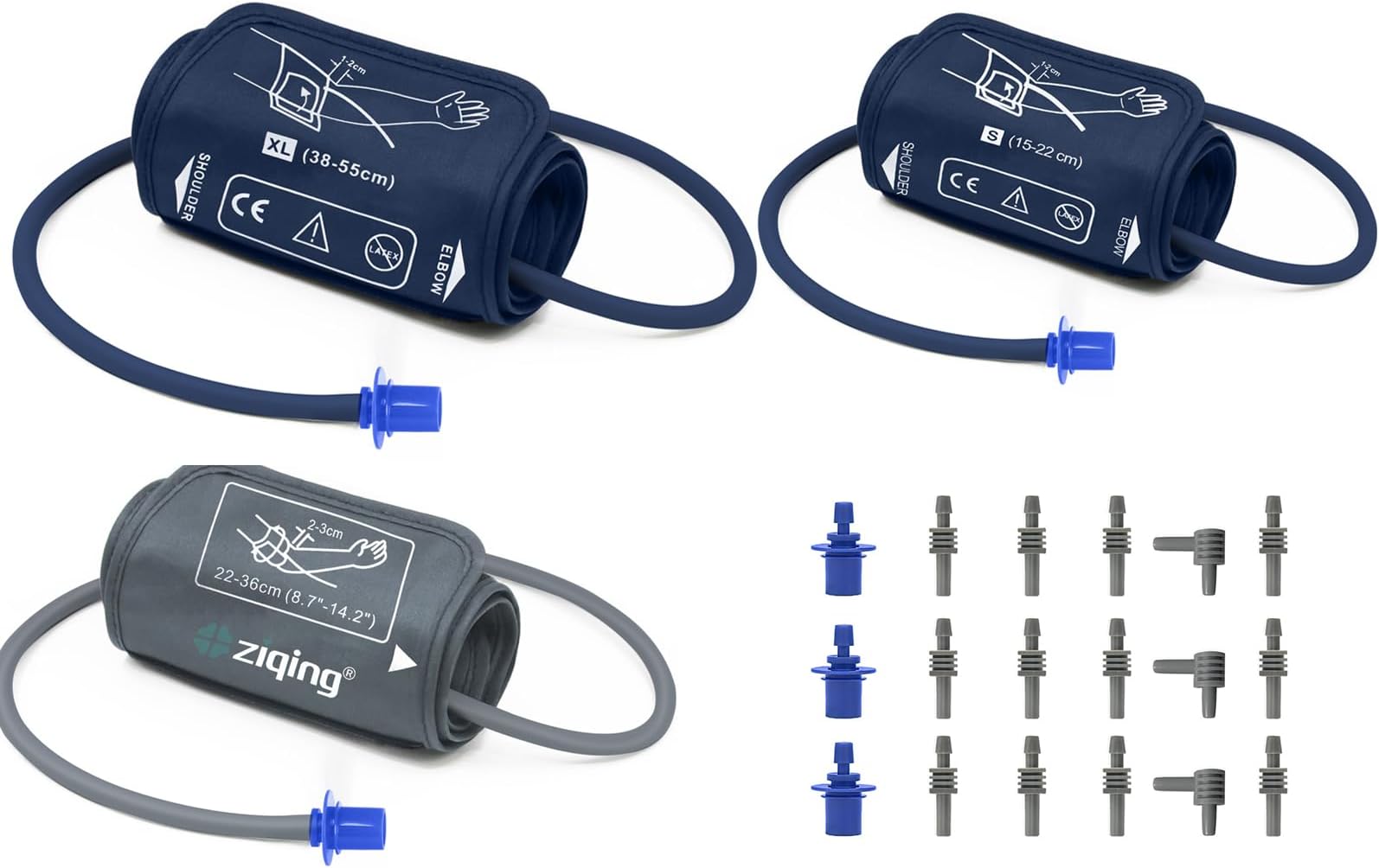 3-Size Blood Pressure Cuff with 6 Different Types of Connectors, Extra Large BP Cuff(38-55cm), Medium BP Cuff(22-36cm), Small BP Cuff(15-22cm) Compatible with Almost All Bp Monitors