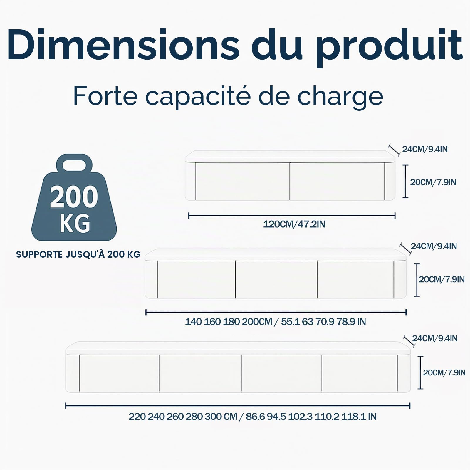 Meuble TV Suspendu,120-300cm Table pour TV Moderne,Meuble pour Téléviseur,Convient pour Le Salon et la Chambre à Coucher (160CM)