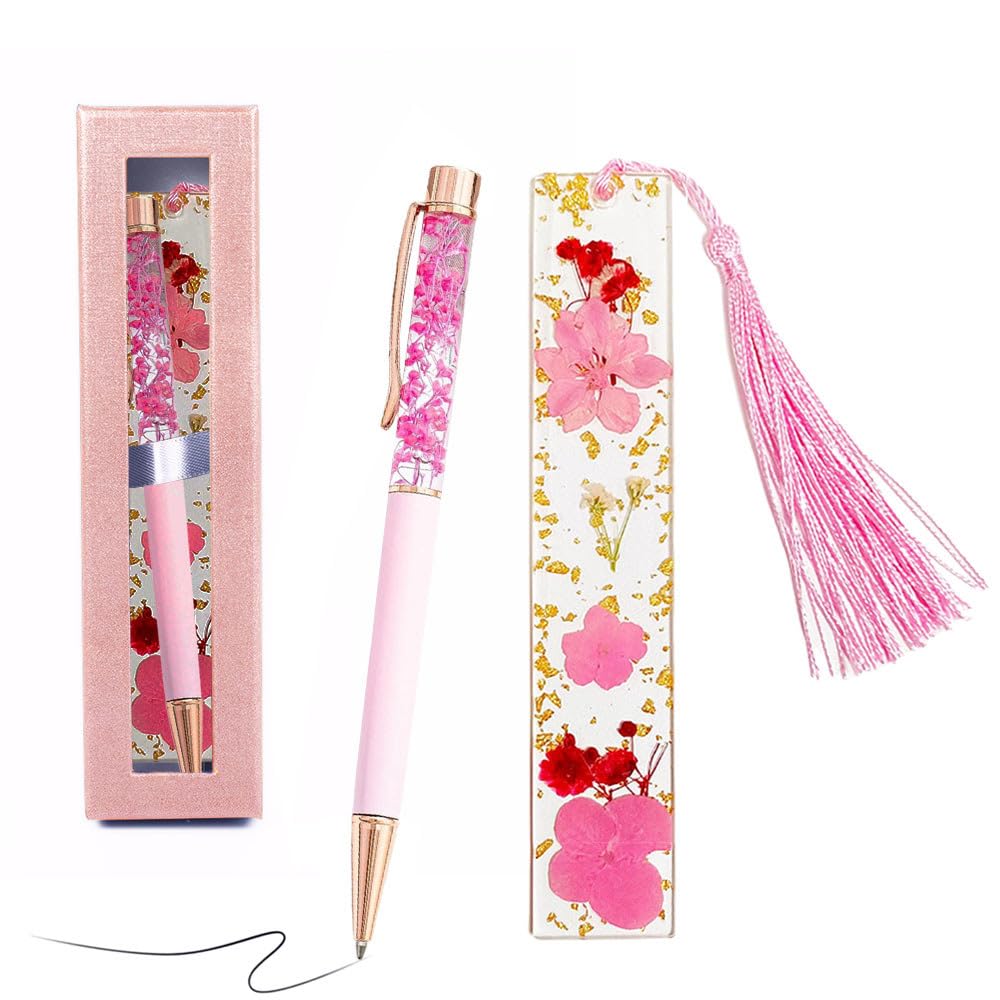 Belegao Ballpoint Pen with Resin Dried Flower Bookmark Gift Set, Retractable Rollerball Pen Black Ink 1.0mm & Tassel Page Marker with Box for Women Birthday, Valentines Day, Christmas, Party(Pink)