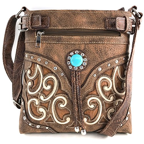 Justin West Tooled Gleaming Turquoise Stone Floral Laser Cut Rhinestone Messenger Bag Purse with Long Cross Body Strap