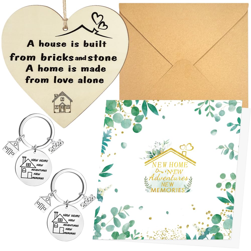 New Home Gifts,House Warming Card with Envelope, Keyrings, Wooden Heart Plaque, Housewarming Gifts for Friends Couples, Neighbor,New Home Card Set for Moving House Message
