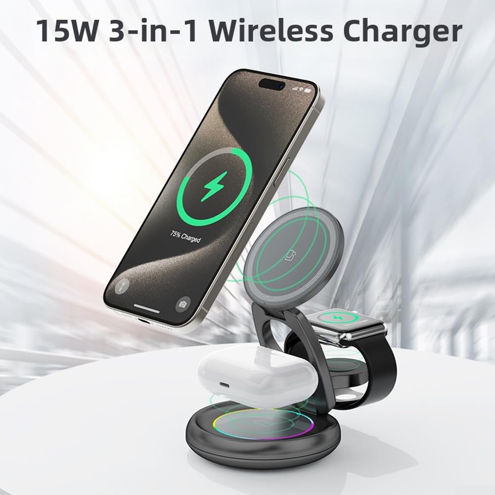 Caricatore wireless pieghevole 3 in 1 da 15 W, design dinamico regolabile per ricarica auricolari iPhone Watch (grigio)