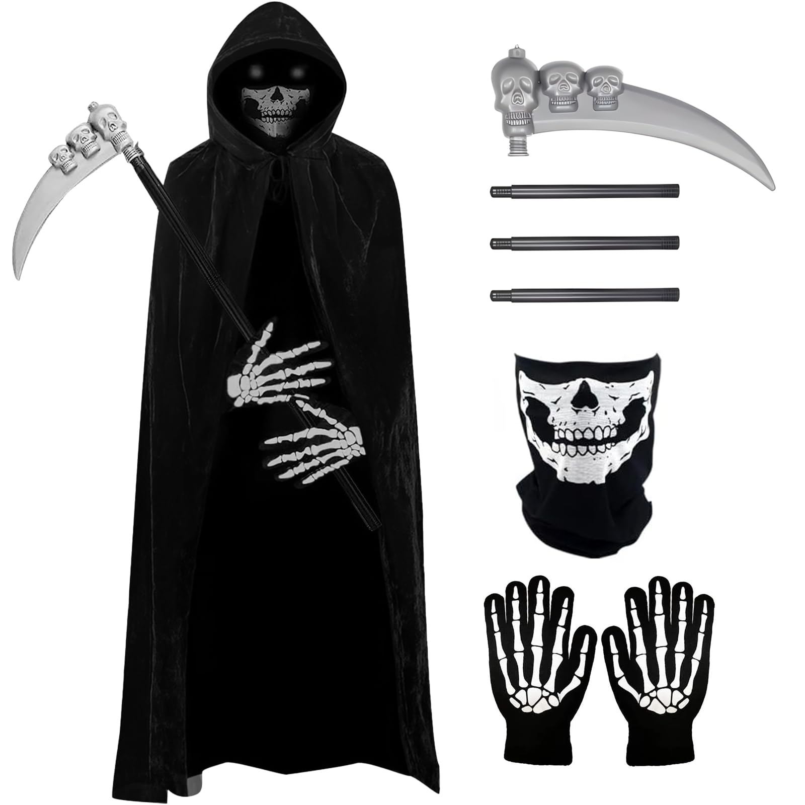 Hlisippa Grim Reaper Costume Adult, Black Cloak with Skeleton Mask Skeleton Gloves, Death Costume Men