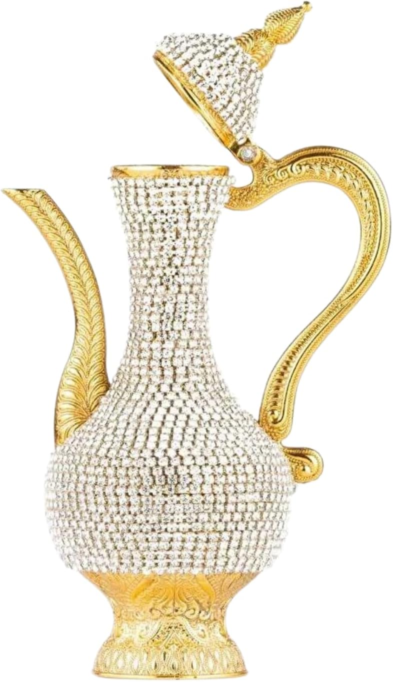 Steel Water Bottle Pitcher with Zirconia Stones | Handmade Metal Carafe Water Tea Coffee Jug Vintage Bottle | Turkish Ottoman Zamzam Pitchers (240 ML / 8.1 Oz, Zirconia Stone, Gold Color)