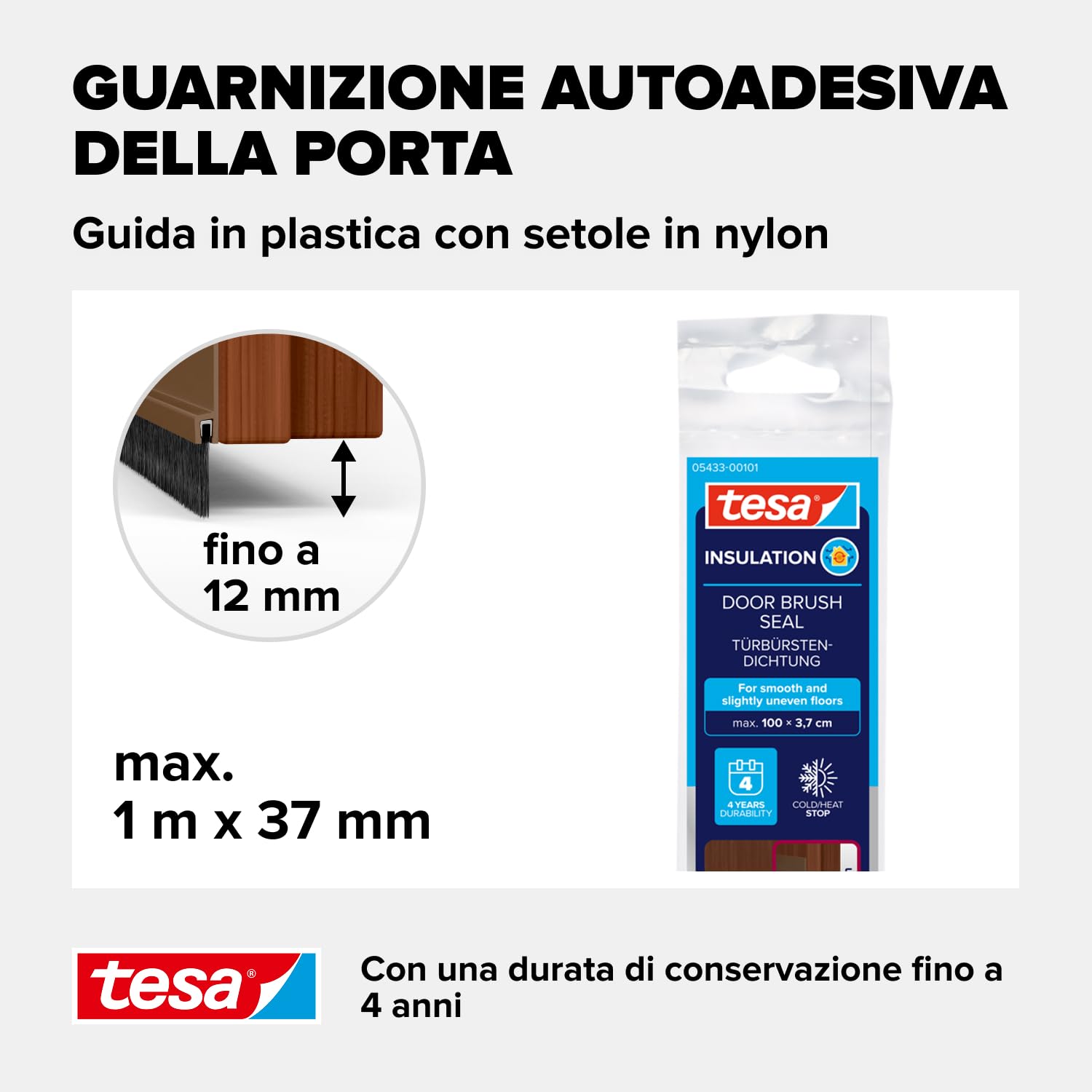 tesamoll Standard Paraspifferi a Spazzola - Guarnizione adesiva per porte - Adatta per isolare stanze con pavimenti lisci - Colore: Marrone - 100 cm x 3,7 cm