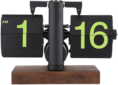 Flip Desk Clock, Retro Digital Flip Down Clock, Digital Flip Clock 12h Single Sided Large Numbers Automatic Retro Mechanical Flip Clock Wood Base for Living Room Frosted Black Frame Green Page