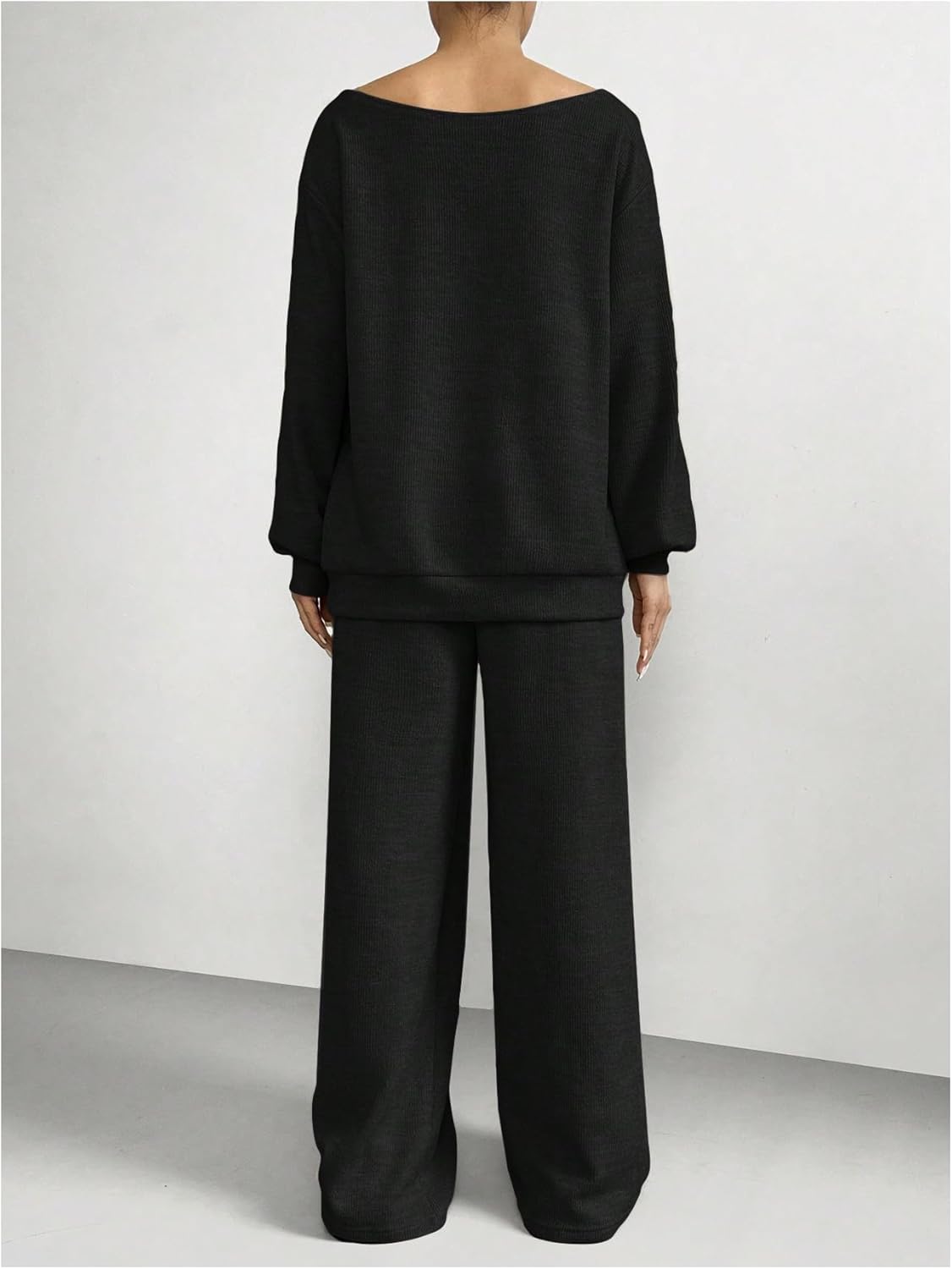 SweatyRocks Women's 2 Piece Outfits Off the Shoulder Long Sleeve Oversized T Shirt and Pants Matching Sets - Image 3