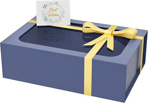 PSHVYM Large Gift Box with Window, 13.8x9x4.3 In Blue Gift Box for Presents Magnetic Lids Collapsible for Bridesmaid Proposal Box, Wedding, Birthday, Christmas, Contains Card, Ribbon