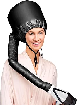 Hair Dryer Bonnet Attachment, Portable Blow Dryer, Soft Adjustable Hooded Bonnet with Stretchable Grip and Extended Hose Length Fits All Head Sizes & All Hair Styling Black