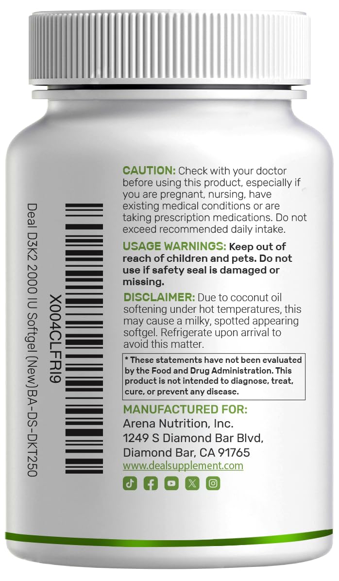 DEAL SUPPLEMENT Vitamin D3 2,000 IU + K2 MK7 50mcg Softgels | 2-in-1 Complex with Virgin Coconut Oil | Supports Heart, Bone, Teeth & Immune Health | Easy to Swallow — Amazon image 6