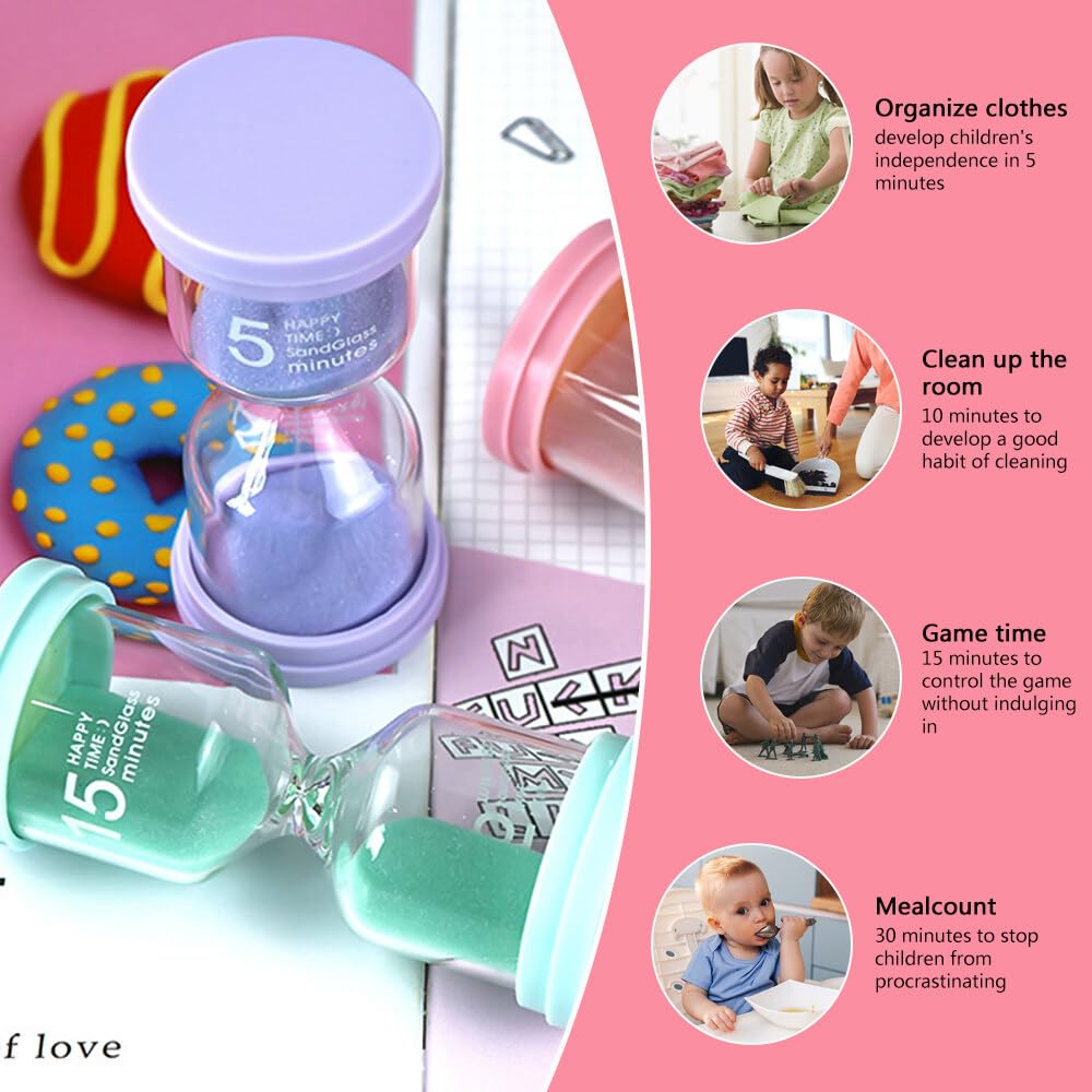 CJBIN Set di 5 clessidre a clessidra, clessidra, lavarsi i denti, clessidra per bambini per giochi in classe, aule, cucina, gioco, casa, ufficio (1 minuto 3 minuti 5 minuti 10 minuti 30