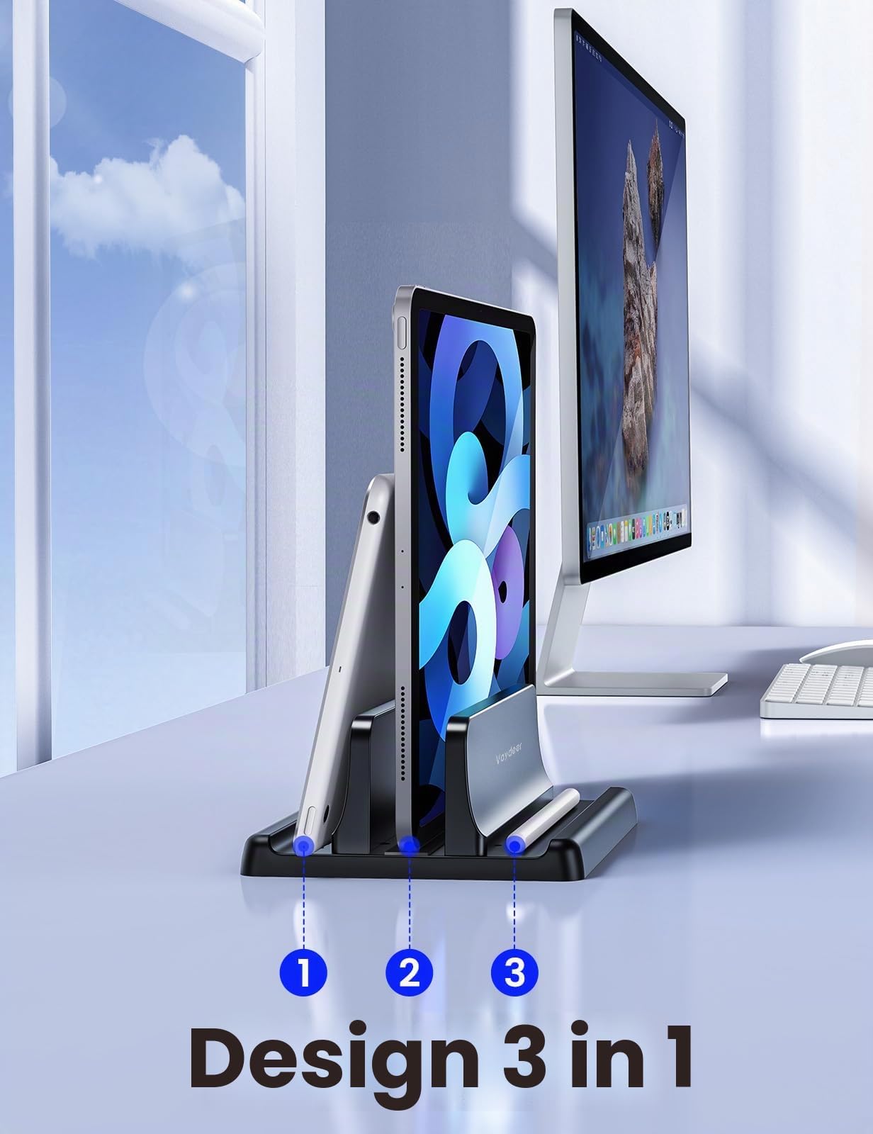 VAYDEER Supporto verticale laptop, supporto verticale 3 in 1 salvaspazio per posizionamento verticale, compatibile con MacBook Air, MacBook Pro, iPad, tablet notebook fino a 17,3 pollici, bianco