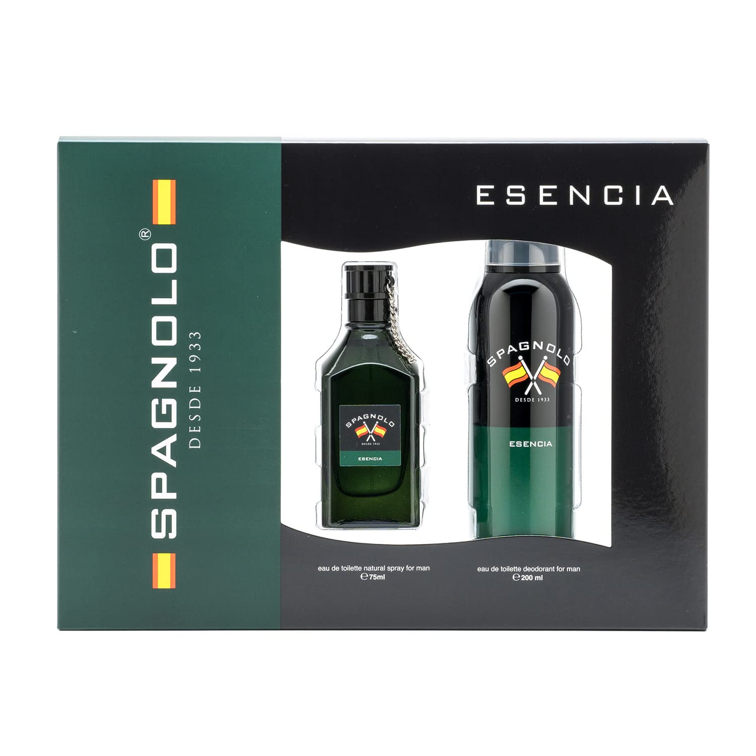 SPAGNOLO - Esencia, Estuche de Regalo Hombre, Colonia 75 ml + Desodorante en Spray 200 ml, Eau de Toilette Natural y Masculina, Aroma Fougère Amaderado, Fragancia Fresca, Desenfadada y Duradera