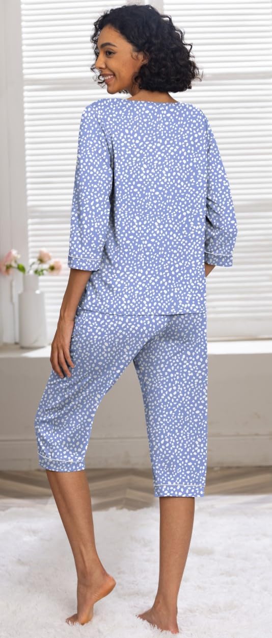 PrinStory Damen Pyjama Set Rundhalsausschnitt 3/4 Ärmel Nachtwäsche Loungewear Set Mit Taschen