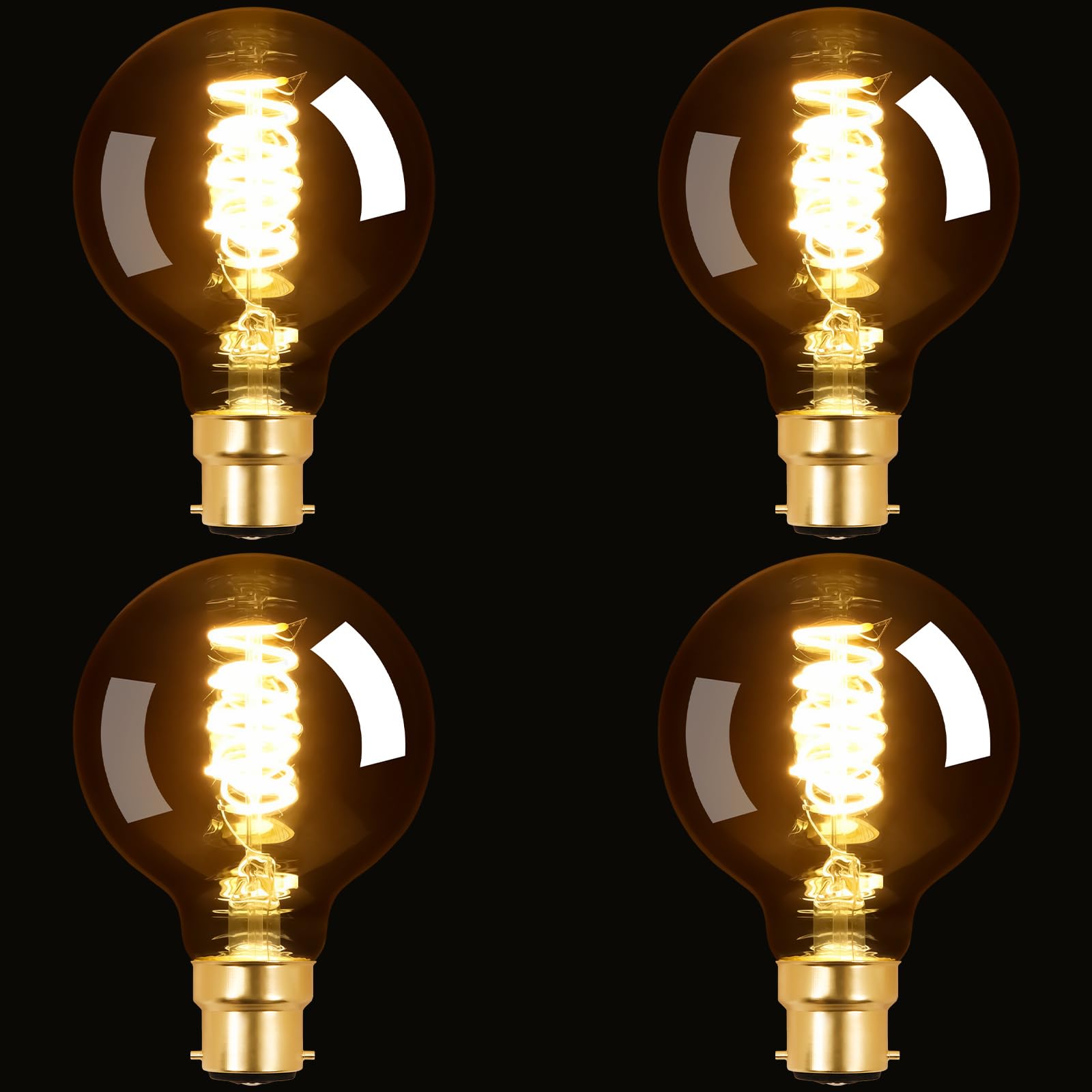 Terafeels 4 Pack B22 Vintage LED Light Bulbs, G80, 4W, 2700K Warm White, Antique Style, Amber Glass, Spiral Filament, Retro Bayonet Light Bulb
