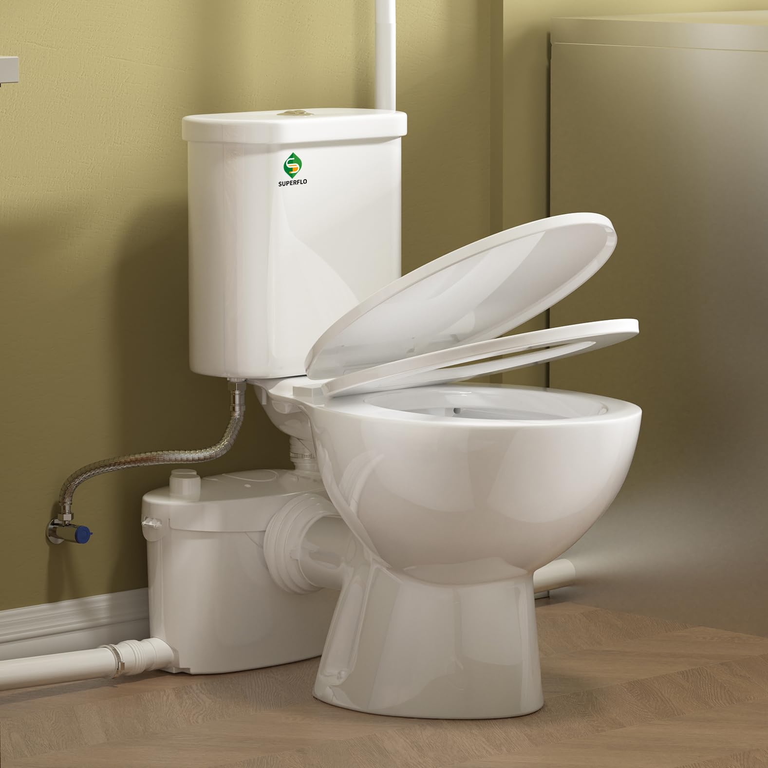 SUPERFLO 750W Macerating Toilet System - Powerful & Quiet, Upflush Toilet for Basement with 4 Water Inlet for Basements & Garage, Macerator Toilet Pump System - Easy Installation