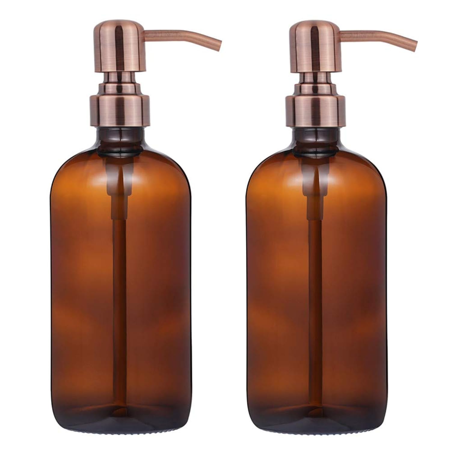 2 Pack Thick Amber Glass Pint Jar Soap Dispenser with Copper Stainless Steel Pump, 16ounce Boston Round Bottles Dispenser with Rustproof Pump for Essential Oil, Lotion Soap