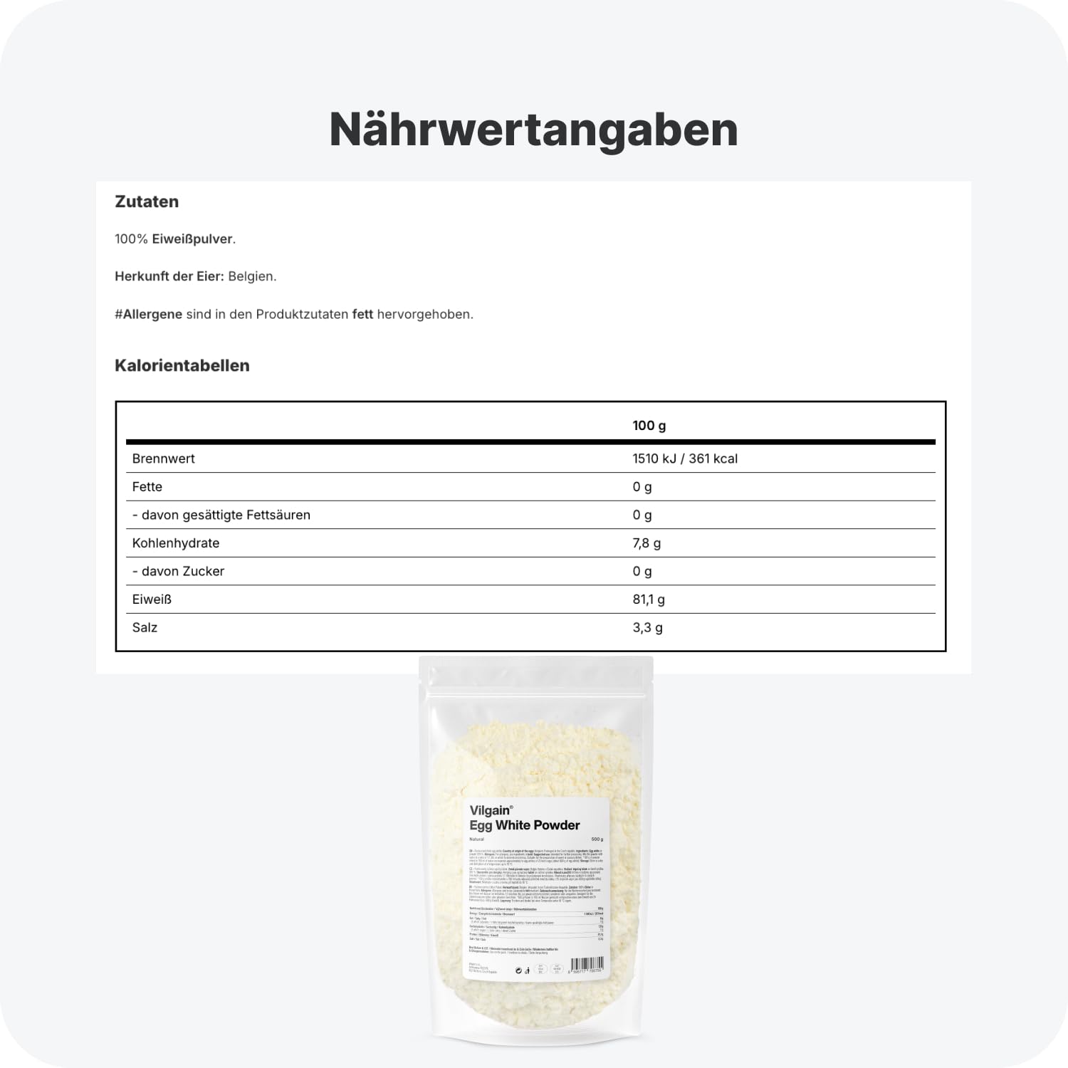 Vilgain Eiklarpulver (500 g) Neutral – 100% Getrocknetes Eiweißpulver Ohne Zusatzstoffe, Pasteurisiertes Egg White Powder Zum Backen & Kochen, High Protein Low Carb Fitness Snack, GVO-Frei