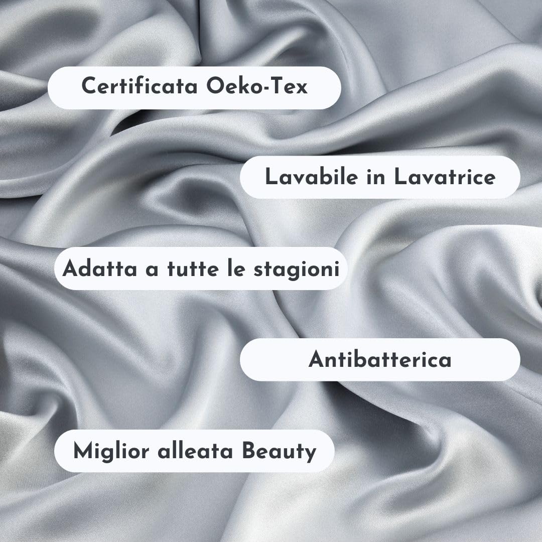 OFFTOPIC Federa 100% Seta Anticrespo e Antirughe, Federe in Seta 22 Momme Certificata OekoTex Antibatterica, Fodere Cuscini Letto Idea Regalo Perfetta, Chiusura Senza Zip 50x75 Grigia