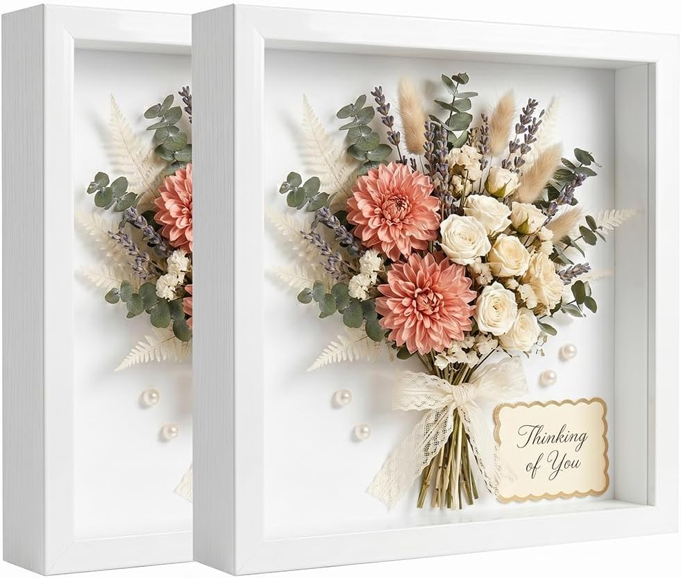 2 Pack Shadow Box Frame Display Cases, 5"x 5" Wood White Handicrafts Shadowbox Picture Frame for Flowers Jersey Baby Memory Wedding Dress (2PCS White)