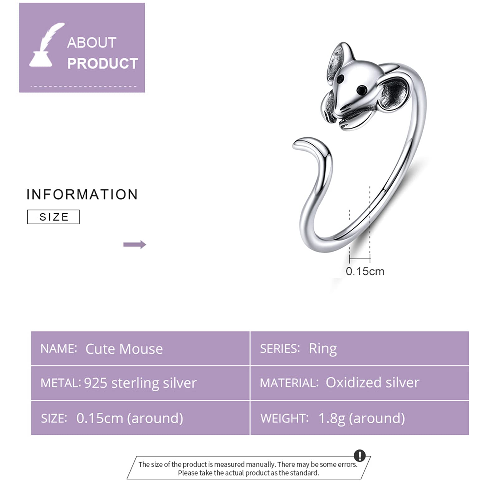 Qings Anillo abierto de plata de ley 925 con diseño de ratón, bonitos anillos ajustables con incrustaciones de circonita cúbica negra para mujeres, adolescentes, niñas, regalo de cumpleaños