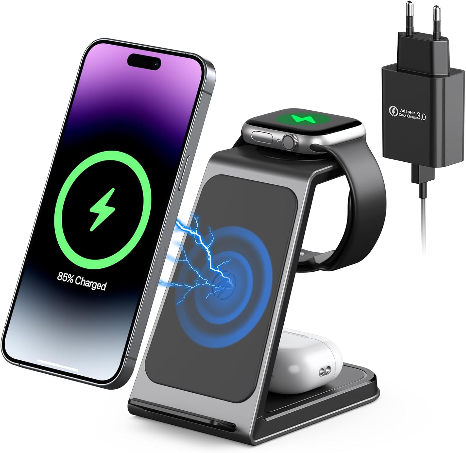 3-in-1 Wi-fi Charger, 15 W Charging Station Apple Watch and iPhone Inductive Wi-fi Charger for iPhone 15 14 13 12 11 Professional Max/Mini/XS/XR/8 Samsung, Apple Watch Sequence AirPods Professional (Black)