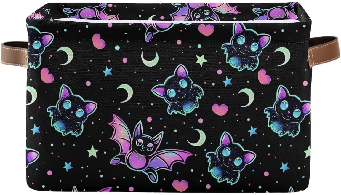 Gradient Bat Pattern Storage Basket,Large Storage Bin Fabric Collapsible Organizer Bag with Handles 15x11x9.5 inch