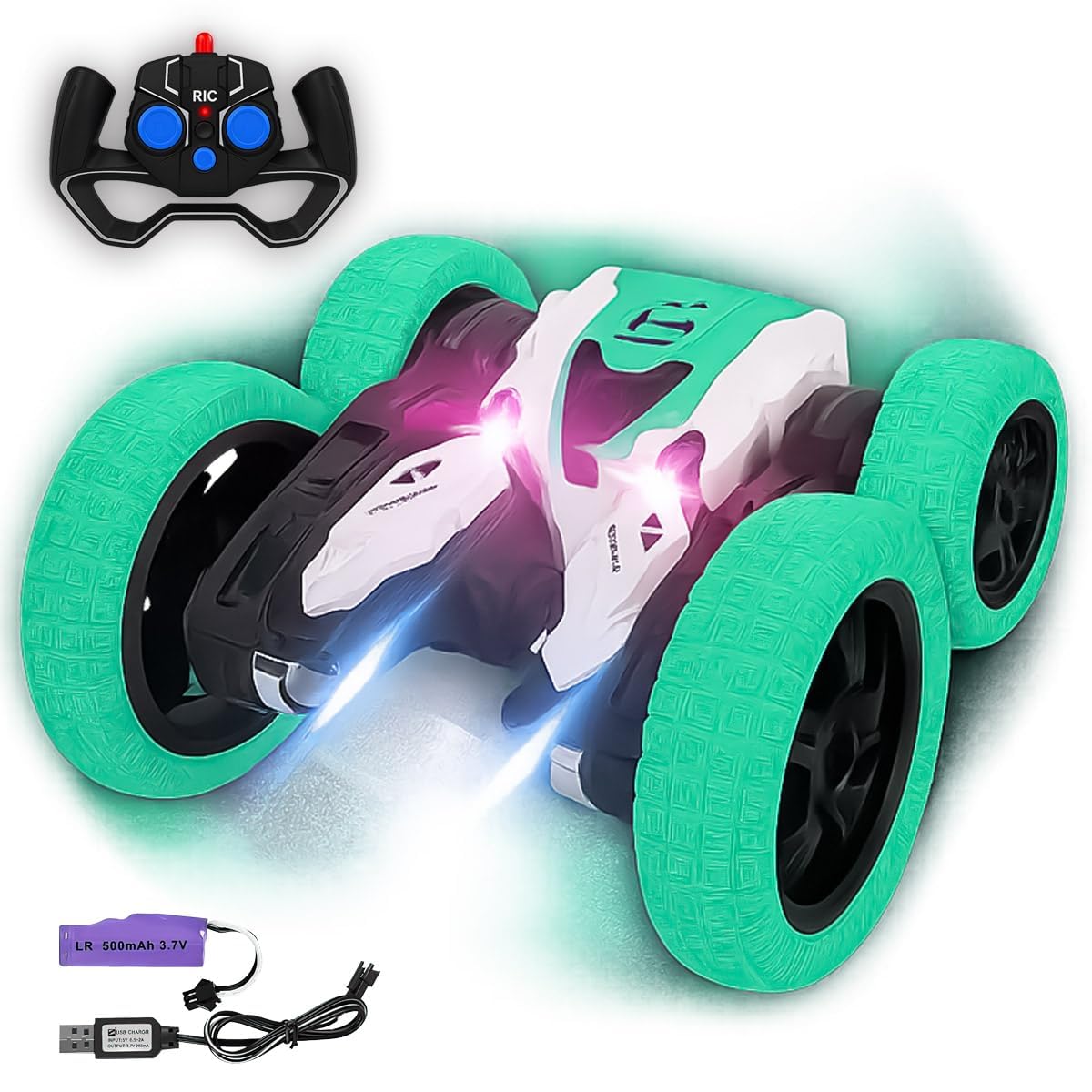 Toyana Kids Remote Control Stunt Car with LED Lights - Rechargeable RC Stunt Car with 2 Sided 360° Rotation Flips, High Speed All Terrain Toy Vehicle for Boys and Girls 6+ Years - Green
