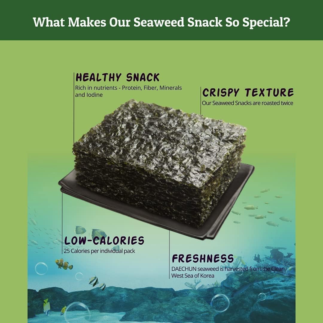 Bocadillo de algas marinas Daechun (Choi's1) (paquete de 60), original, sal marina, té verde en polvo, hoja de nori, producto de Corea