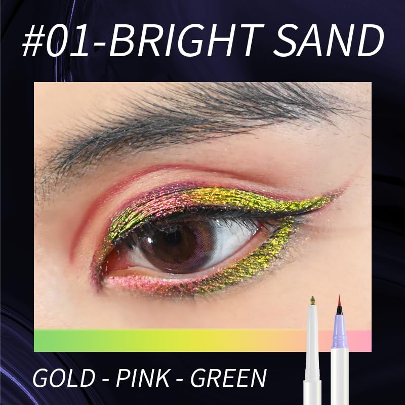 Image of CHARMACY 2 in 1 Duochrome Gel Eyeliner Pen, Gold Green Chameleon Glitter Metallic Eye Liner, Waterproof Smudge Proof Long Lasting Makeup (DE01)