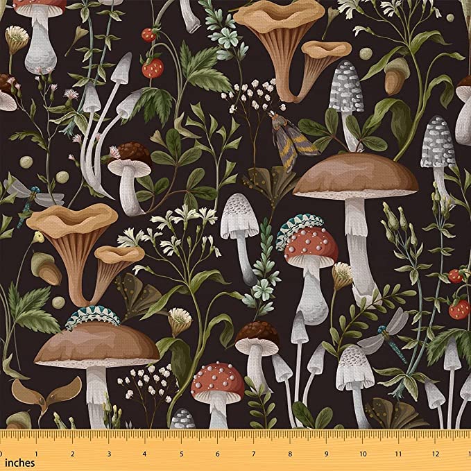 Mushroom Fabric for Decoration,Nature Burgundy Plant Outdoor Fabric by The Yard,Wild Botanical Leaves Fabric for Room Decor and Upholstery,1 Yard