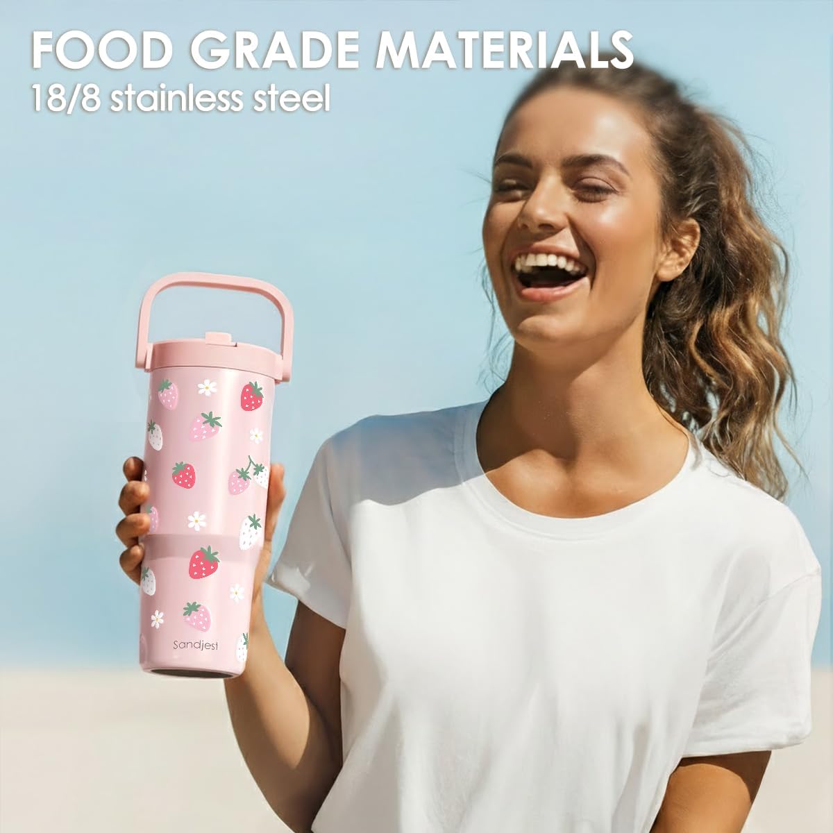 SANDJEST Strawberry Stainless Steel Straw Lid Tumbler 30oz with Carry Handle for Women Girls, Insulated Travel Coffee Cup, Gift for Sports Workout Christmas Birthday - Image 6